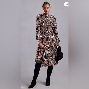 Farm Rio Leopard Toucans Puff-Sleeve Mock-Neck Midi Dress size XS